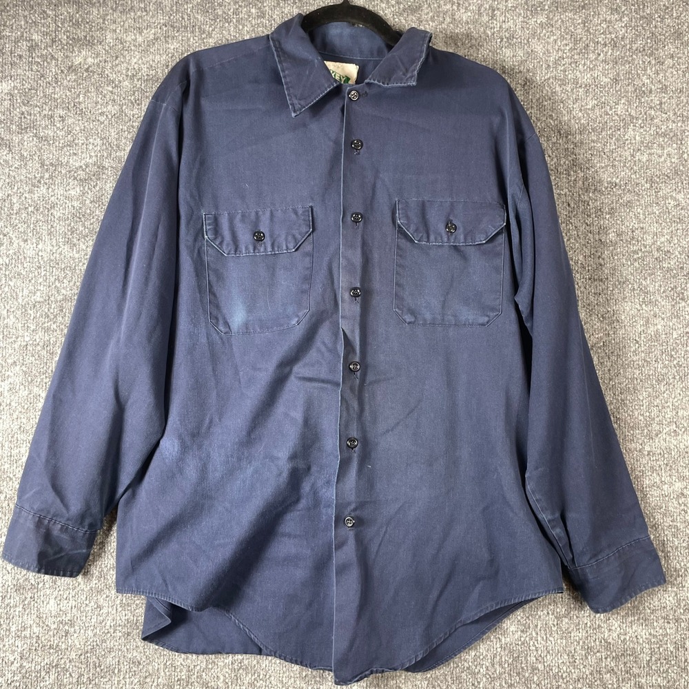Vintage Key Shirt Mens XL Navy Blue Workwear Faded Twill Long Sleeve 60s Retro